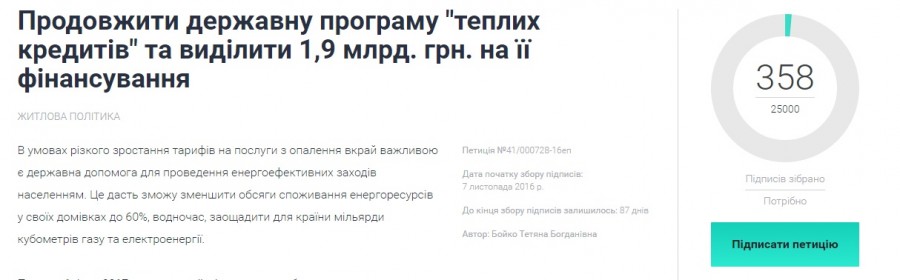 Державна Програма «теплих кредитів»  може не отримати коштів у 2017 році. Триває  збір підписів